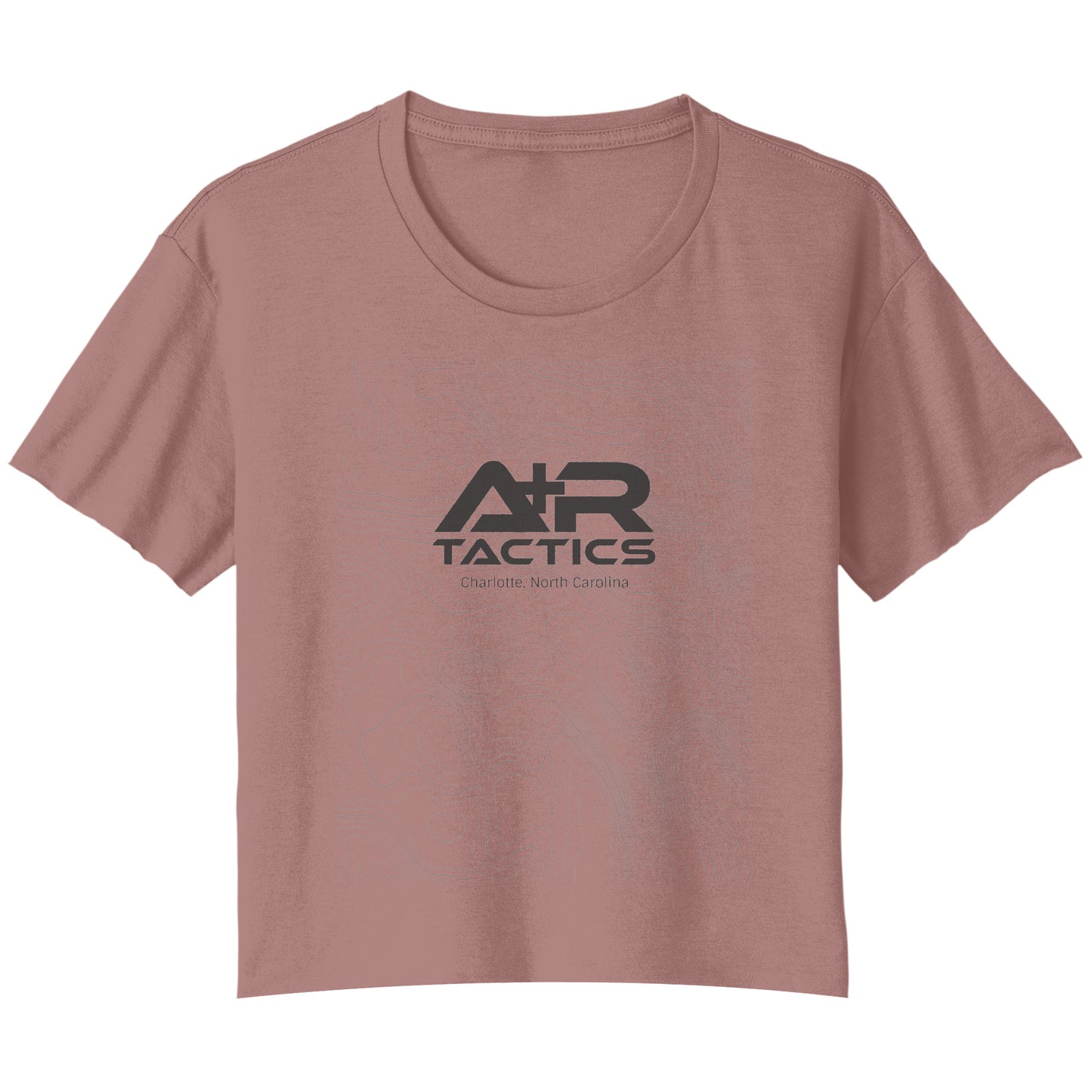 A+R Tactics Logo Womens Flowy Crop Tee, Topographical Logo Black Print