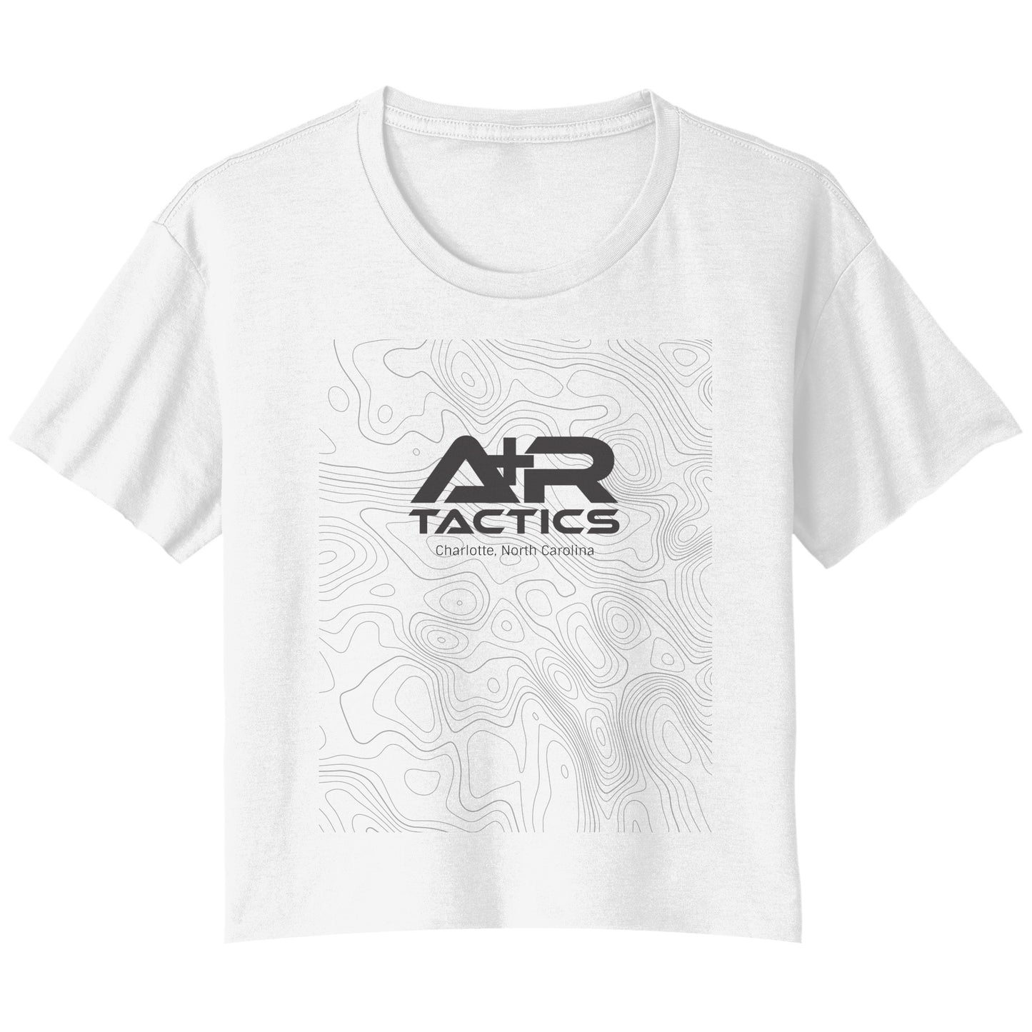 A+R Tactics Logo Womens Flowy Crop Tee, Topographical Logo Black Print