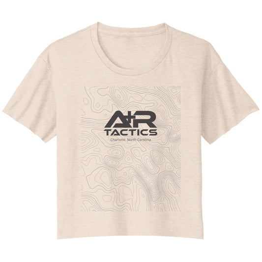 A+R Tactics Logo Womens Flowy Crop Tee, Topographical Logo Black Print